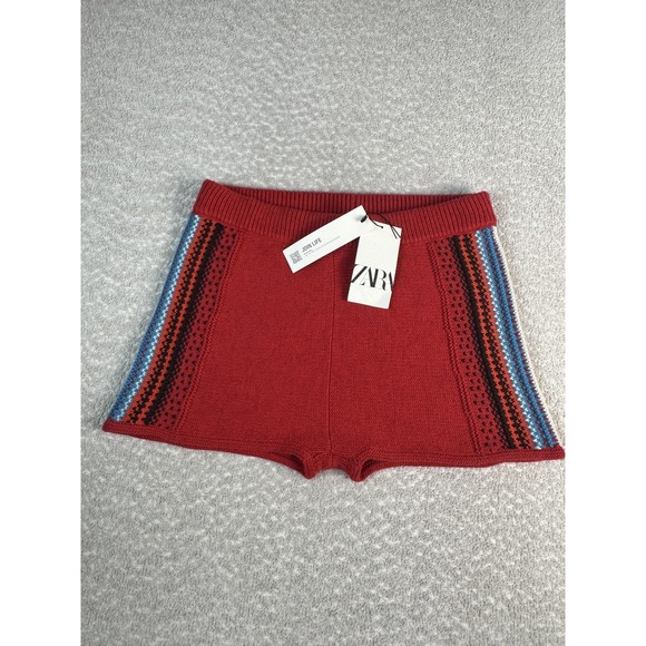 Zara Pants - Zara Red High Waist Knit Shorts with Multicolor Side Stripes